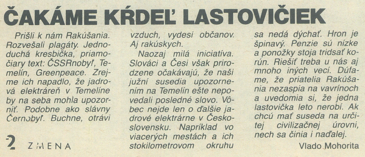 Vladislav Mohorita, Čakáme kŕdeľ lastovičiek, článok v časopise Zmena. 1989. Univerzitná knižnica v Bratislave